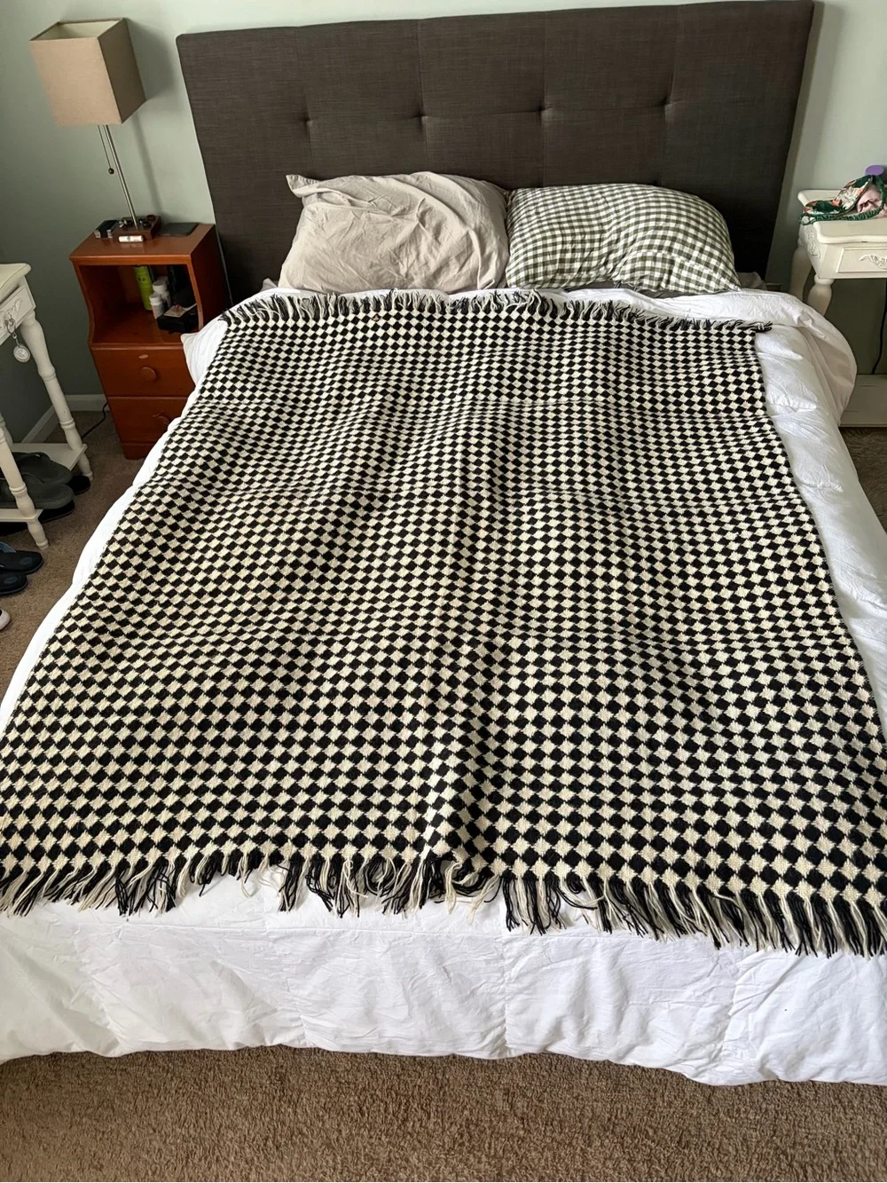 Vintage Black and Cream Checkered Fringe Blanket
